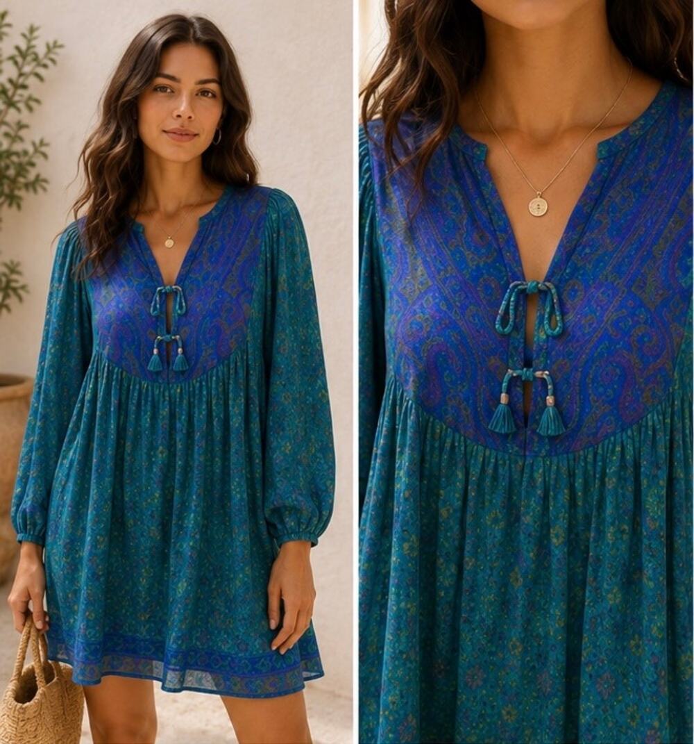 Matta Teal Blue Silk Boho Paisley Babydoll Tunic Dress Tassel Tie Size M